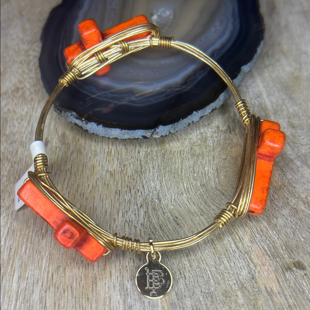 Bourbon And Bow ties Gold Wire Wrapped Orange Howlite Stone Cross Bracelet